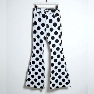Fashion Nova Polka Dot Flare High Rise Size 7 Jeans White Black Stretch 28x36